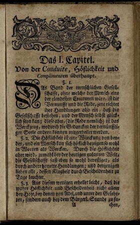 Das I. Capitel. Von der Conduite, Höflichkeit und Complimenten überhaupt.
