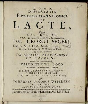 Dissertatio Physiologico-Anatomica De Lacte