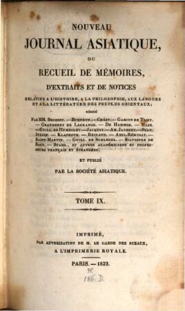 Nouveau journal asiatique : ou recueil de mémoires, d'extraits et de notices relatifs aux études orientales. 9, 9. 1832
