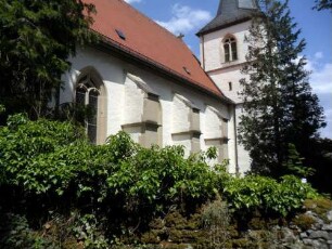 Langhaus von Südwesten mit Strebepfeilern über Kirchhofmauer (stark überwachsen)