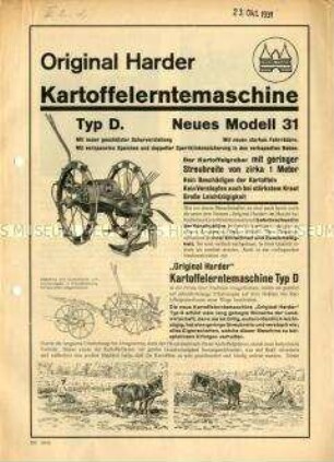 Original Harder Kartoffelerntemaschine Typ D. Neues Modell 31