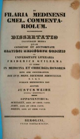 De Filaria Medinensi Gmel. commentariolum : Dissertatio Inauguralis
