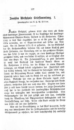 Joachim Westphals Briefsammlung. I.