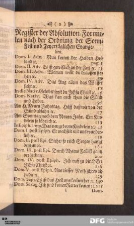 Register der Absolution-Formulen nach der Ordnung der Sonn-Fest- und Feyertäglichen Evangelien.