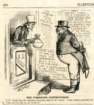 The fisheries controversy. U.S. "Look here, Sir Absolute Overreach, there is the money. I only wanted something for it. I am sure the fish are not worth it." : Uncle Sam überreicht John Bull einen Sack voller Geld