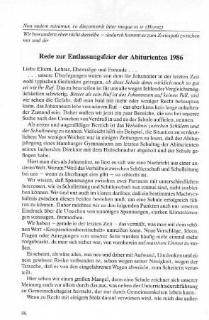 Rede zur Entlassungfeier der Abiturienten 1986