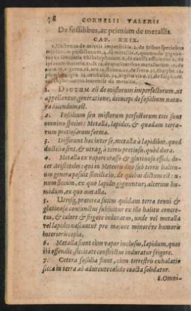 De fossilibus, ac primum de metallis. Cap. XXIX.