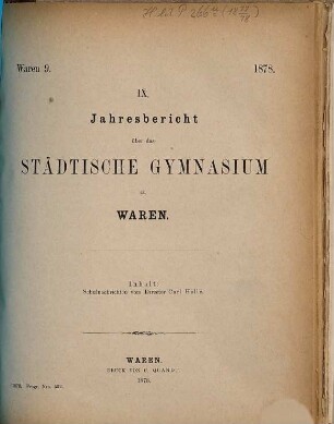 Jahresbericht des Städtischen Gymnasiums zu Waren, 1877/78 = Jahresb. 9