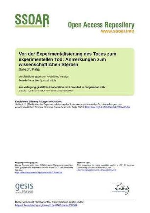 Von der Experimentalisierung des Todes zum experimentellen Tod: Anmerkungen zum wissenschaftlichen Sterben