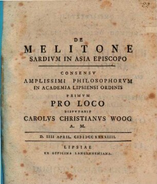 De Melitone Sardivm In Asia Episcopo