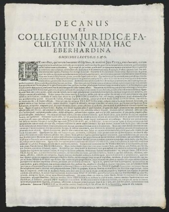 Decanus Et Collegium Juridicae Facultatis In Alma Hac Eberhardina Omnibus Lecturis S. & O.