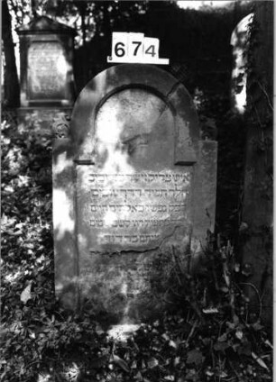 Grabstein 674 (Index: 99803008) Material: Sandstein Zustand: unt. abgeblätt/Textverl/Rundbog. zerstört Maße HxBxT: 109x62x13 cm Beschreibung: Stele mit eingezogenem gestelztem Rundbogen, profiliertem Rand Besonderheit: Endreim: Grabstein 674