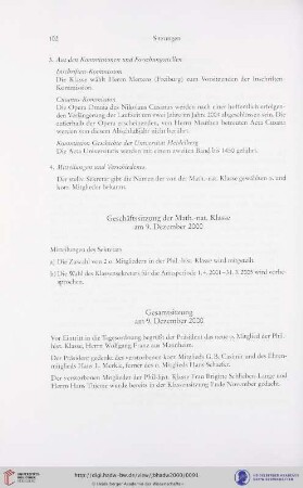 Geschäftssitzung der Math.-nat. Klasse am 9. Dezember 2000