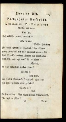 Siebzehnter Auftritt. Dom Karlos. Der Marquis von Prosa tritt herein