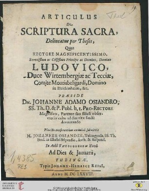 Articulus De Scriptura Sacra, Delineatus per Theses