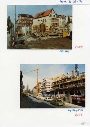 Hornsche Straße. 2 Bilder. Neubau der Galerie Hornsches Tor, Bauphase. Oktober 1982 und März 1983