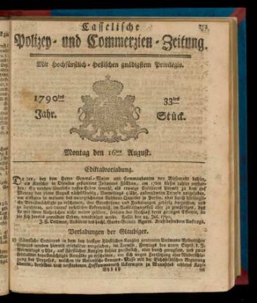 33tes Stueck, Montag den 16ten August. 1790