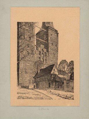 Dom, Lübeck: Teilansicht von Weg aus gesehen, im Vordergrund Fachwerkhaus