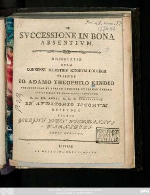 De Svccessione In Bona Absentivm : Dissertatio