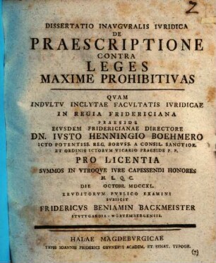 Dissertatio inauguralis iuridica de praescriptione contra leges maxime prohibitivas