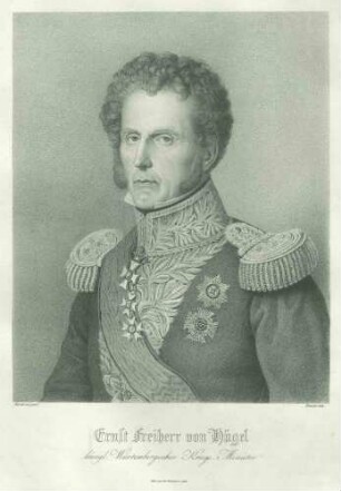 Freiherr Ernst von Hügel, Generalleutnant, Kriegsminister von 1829-1842 in Uniform, Schärpe und Orden, Brustbild in Halbprofil