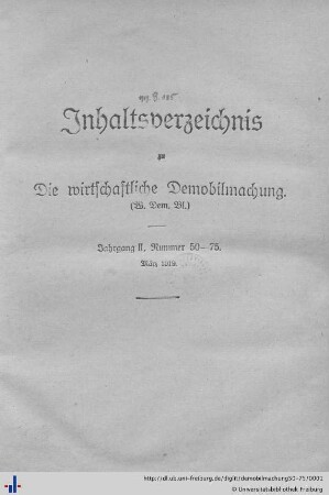 Inhaltsverzeichnis zu Jg. 2, Nr. 50-75. März 1919.