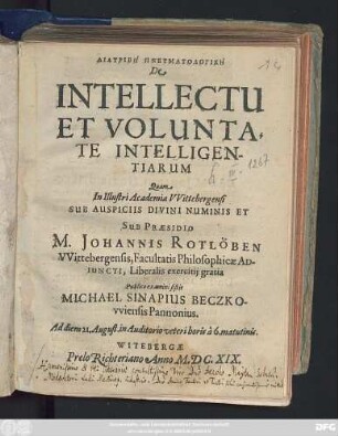 Diatribē Pneumatologikē De Intellectu Et Voluntate Intelligentiarum