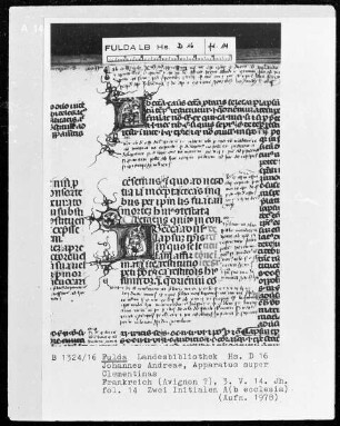 Johannes Andreae, Apparatus super Clementinas — Zwei Initialen A(b ecclesia), Folio 14recto
