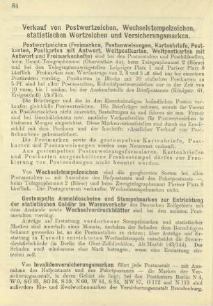 Verkauf von Postwertzeichen, Wechselstempelzeichen, statistischen Wertzeichen und Versicherungsmarken