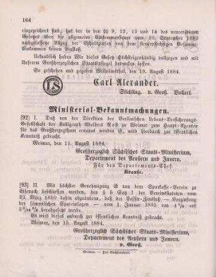 92. Ministerial-Bekanntmachung, die Haupt-Agentur der Berlinischen Lebens-Versicherungs-Gesellschaft betreffend