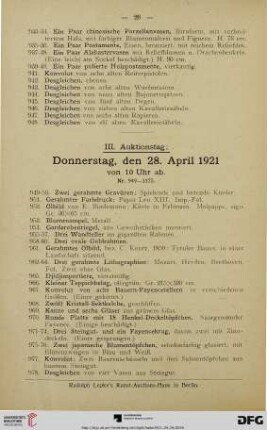III. Auktionstag: Donnerstag, den 28. April 1921 (949-1408)
