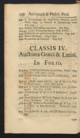 Classis IV. Auctores Graeci & Latini. In Folio