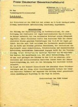 Entschließung des FDGB-Kreisvorstandes Weimar mit der Forderung eines Friedensvertrages und der Bildung einer gesamtdeutschen unabhängigen Regierung