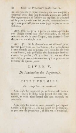 Livre V. De l'exécution des Jugements. Fünftes Buch. Von der Vollstreckung der Urtheile