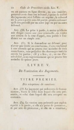 Livre V. De l'exécution des Jugements. Fünftes Buch. Von der Vollstreckung der Urtheile