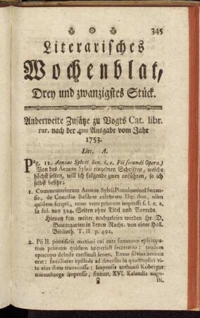Literarisches Wochenblat, Drey und zwanzigstes Stück.