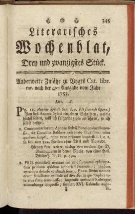 Literarisches Wochenblat, Drey und zwanzigstes Stück.