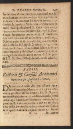 XXXIII. Rectoris & Consilii Academici nomine proposita Citatio.