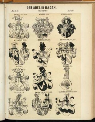 Taf. 27. Bender St-W. 1708. - Bender 1782. - Berbisdorff. - Bethmann, verm. - Bethmann, St-W. - Bethmann, Fhr, 1854. - Beust. - Biedenfeld. - Blarer, St-W. - Blarer, and. - Blarer-Wartensee. Fhr. 1636. - Bittersdorf, Fhr, 1664.