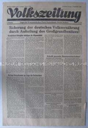 Wochenzeitung der KPD für den Bezirk Sachsen "Volkszeitung" u.a. zur Ernährungslage