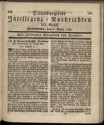 XIV. Stück. Sonnabends : den 6. April, 1782.