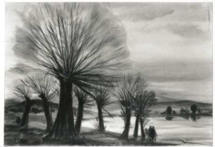 Landschaft mit Weidenbäumen : Gelbke, Georg: Landschaft mit Weidenbäumen. Aquarell; 30,8 x 44,7 cm. Privatbesitz