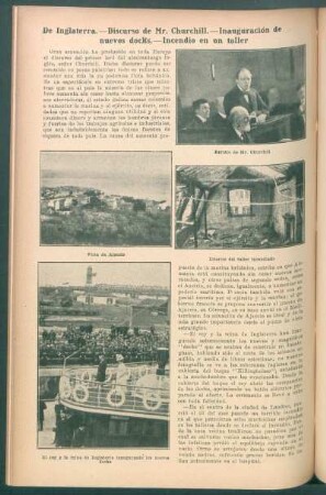 De Inglaterra.- Discurso de Mr. Churchill.- Inauguración de nuevos docks.- Incendio en un taller.