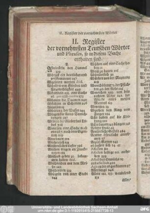 II. Register der vornehmsten Teutschen Wörter und Phrases, so in diesem Buche enthalten sind.