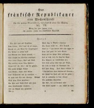 Nro. VII. Mainz den 4ten Januar 1793. im zweiten Jahre der fränkischen Republik.