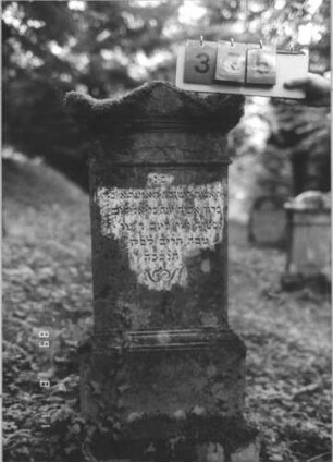 Grabstein 375 (Index: 99799678) Material: Sandstein Zustand: stark verwittert Maße HxBxT: 116x45x16 cm Beschreibung: Stele, Abdeckplatte, Giebelaufsatz mit Seitenakroteren, unter der Sima Friesband, Schriftfeld eingetieft, getreppter Sockel Symbolik: florale Elemente: Grabstein 375