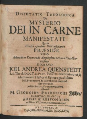 Disputatio Theologica De Mysterio Dei In Carne Manifestati