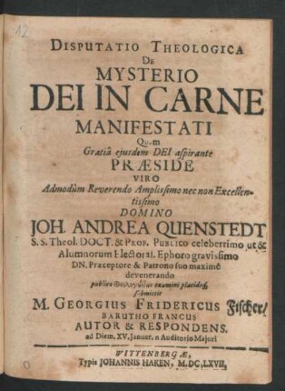Disputatio Theologica De Mysterio Dei In Carne Manifestati