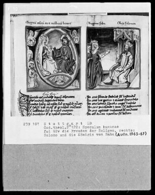 Zwei Schriften — Speculum humanae salvationis — Textseite mit zwei Miniaturen, Folio 92verso