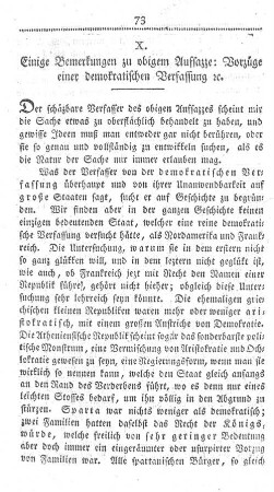 X. Einige Bemerkungen zu obigem Aufsazze: Vorzüge einer demokratischen Verfassung etc.